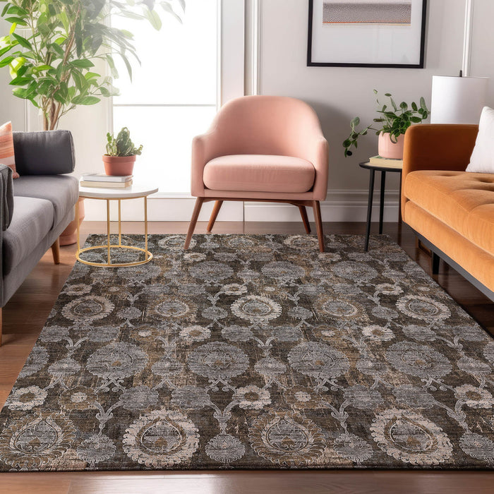 10' X 14' Damask Washable Area Rug With UV Protection - Chocolate
