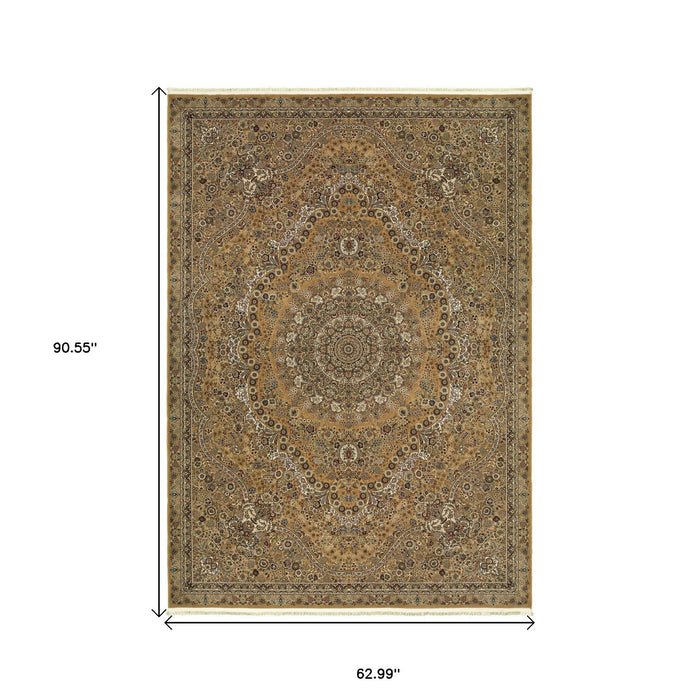 5' X 8' Medallion Area Rug With Fringe - Gold And Ivory