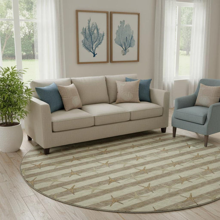 8' Geometric Washable Round Rug With UV Protection (646130) - Tan / Gold / Beige