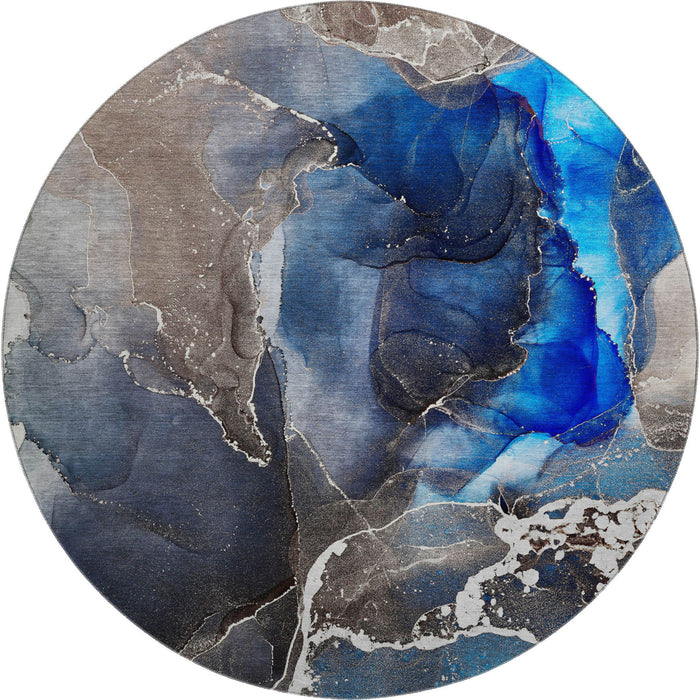8' Abstract Washable Round Rug With UV Protection (646683) - Navy Blue / Charcoal