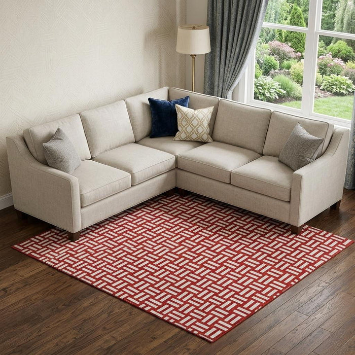 10' X 14' Abstract Geometric Washable Area Rug With UV Protection (673579) - Red / Ivory