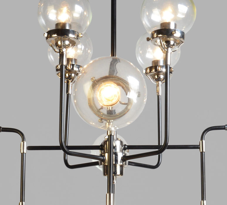 HomeRoots Sputnik eight-light metal chandelier with black and white shades, modern design for stylish interior lighting.
