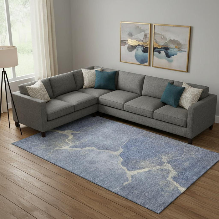 10' X 14' Abstract Washable Area Rug With UV Protection (707011) - Denim Blue / Gray