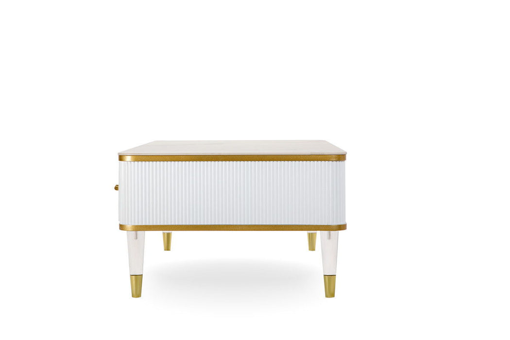 Gold And Faux Stone Rectangular Coffee Table With Drawer - White