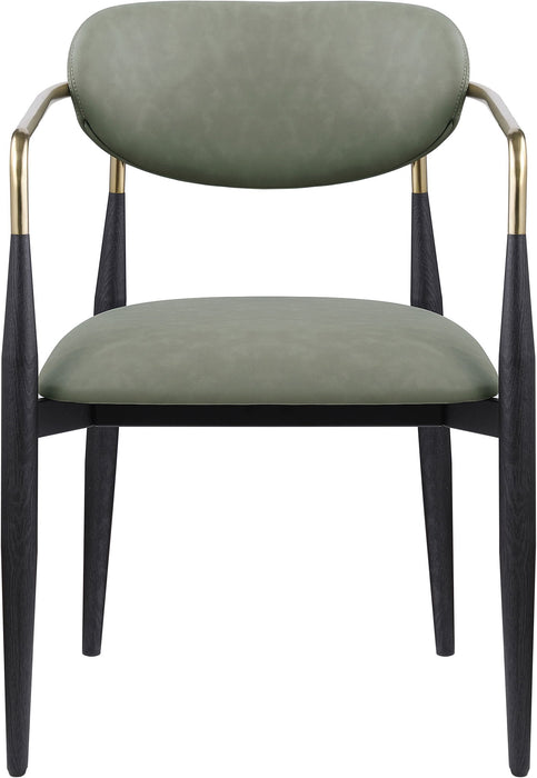 Black-legged Meridian Furniture Ronda vegan leather upholstered dining arm chair with sleek design and comfortable cushioning.