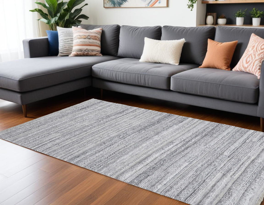 9' x 12' Striped Hand Woven Stain Resistant Area Rug - Gray Silver And Ivory
