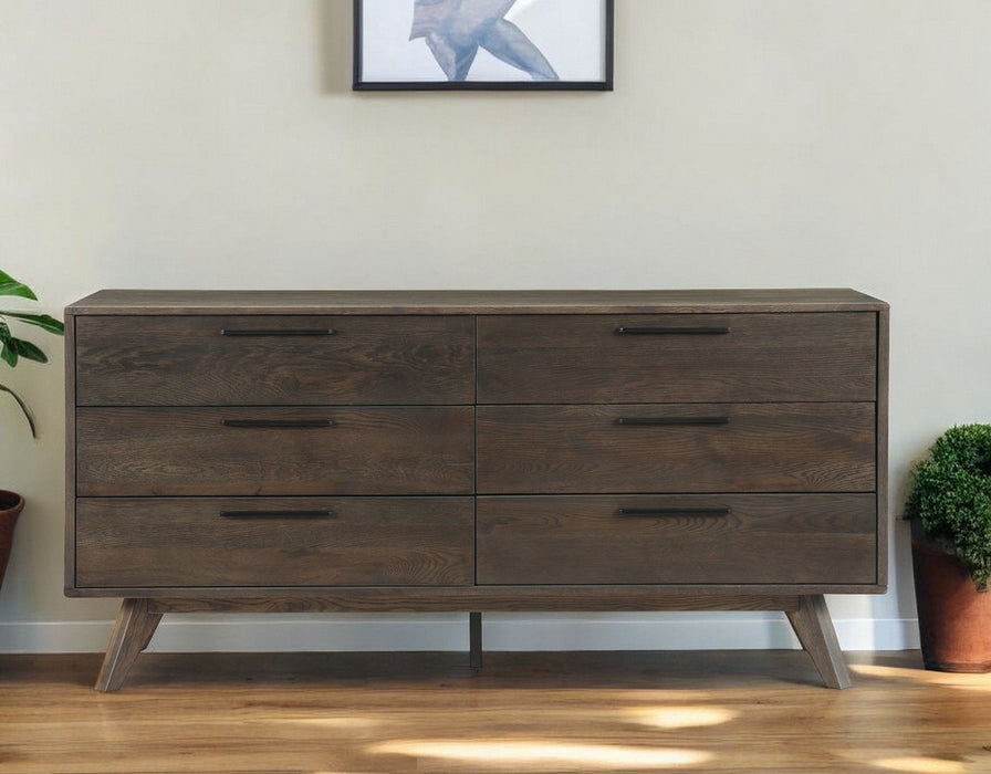 Six Drawer Wooden Double Dresser - Dark Brown