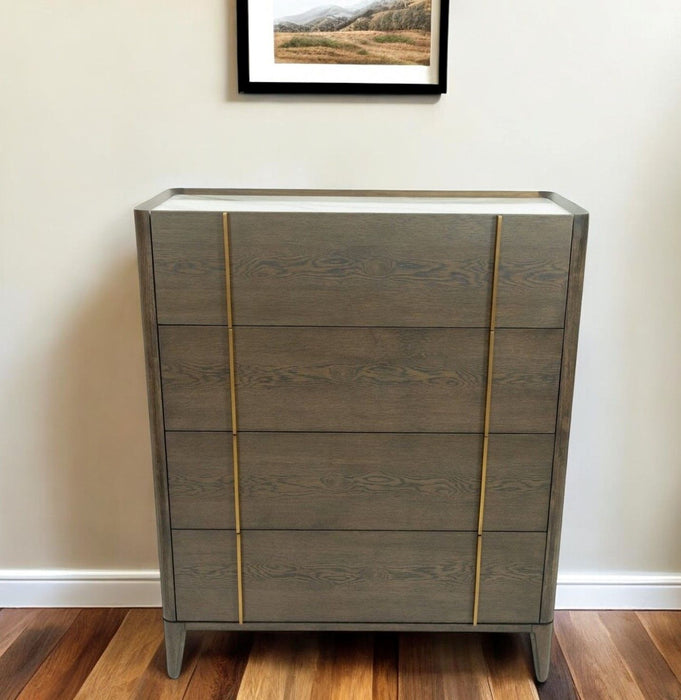 Solid Wood Four Drawer Dresser - Dark Brown / Gold