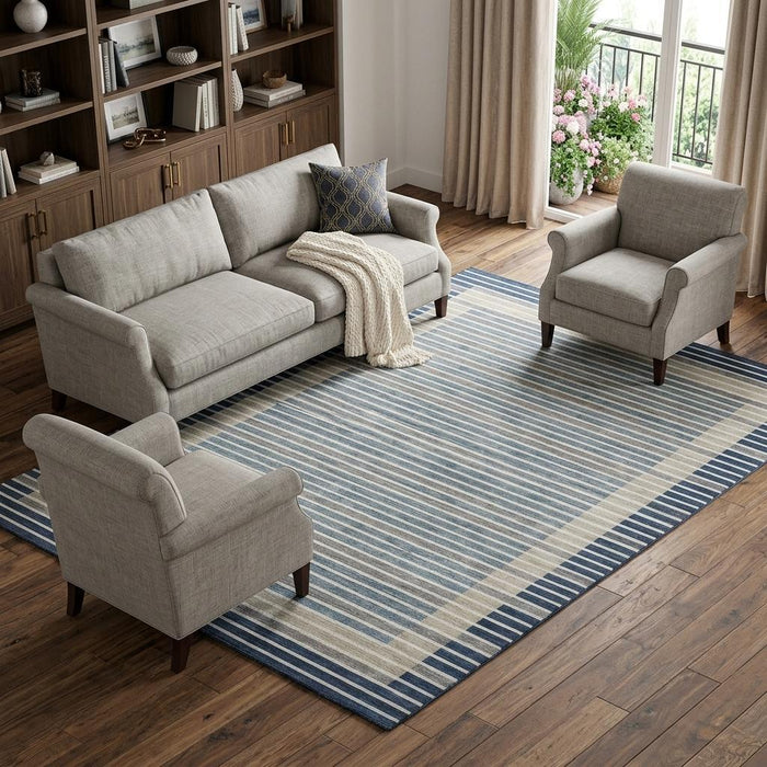 10' X 14' Striped Washable Area Rug With UV Protection (693486) - Navy Blue / Ivory / Gray