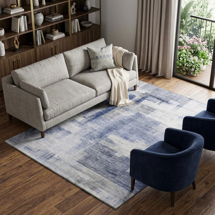 10' X 14' Abstract Geometric Washable Area Rug With UV Protection (683494) - Denim Blue / Ivory