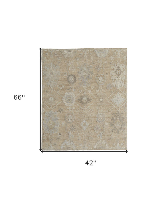 4' x 6' Wool Floral Hand Knotted Area Rug - Tan And Ivory