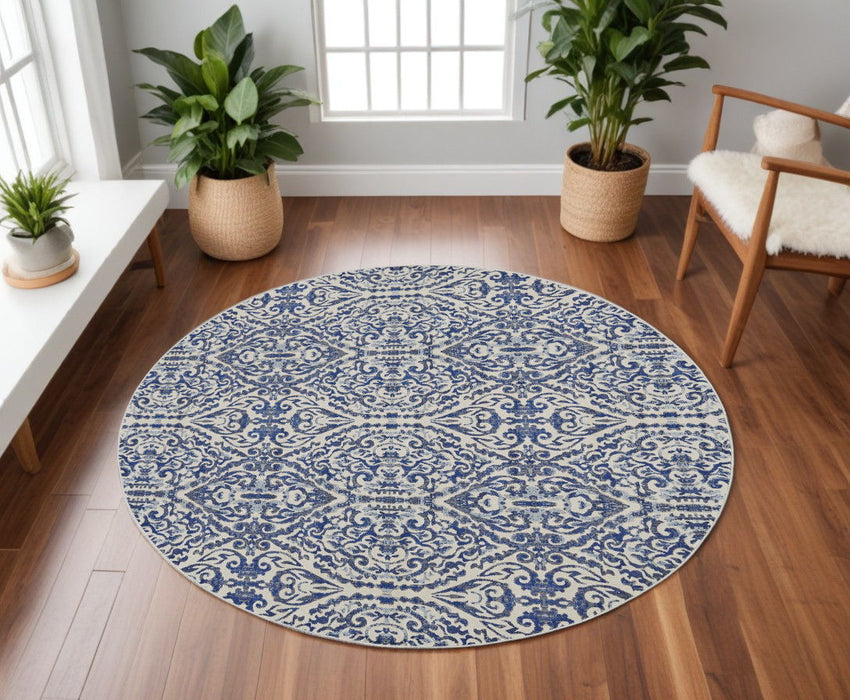 9' Round Floral Distressed Area Rug - Blue And Ivory