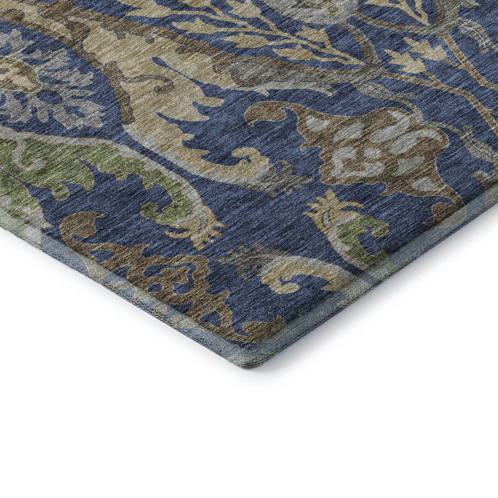 10' X 14' Floral Washable Area Rug With UV Protection (686945) - Navy Blue / Olive Green / Brown