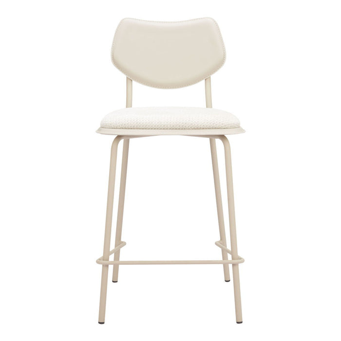 Set of four HomeRoots fabric faux leather counter height bar stools in light gray, showcasing modern seating with metal legs.