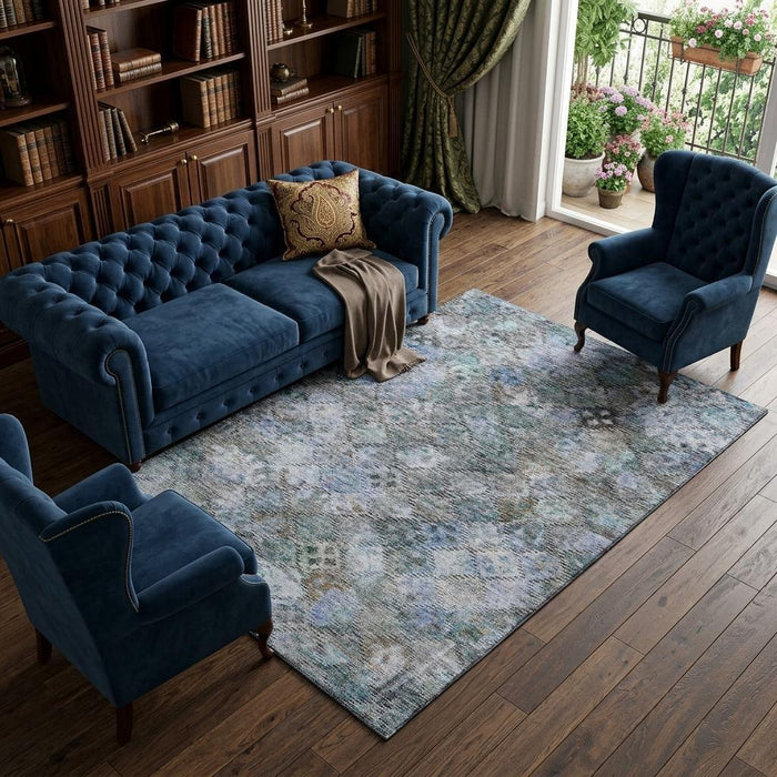 10' X 14' Abstract Geometric Washable Area Rug With UV Protection (684534) - Blue / Ivory / Taupe
