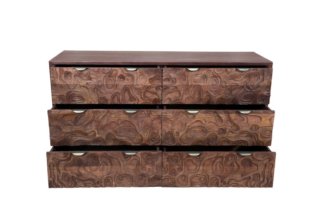57" Carved Abstract Solid Wood Six Drawer Dresser - Brown