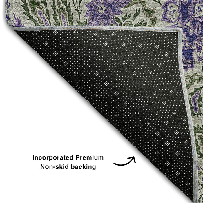 10' X 14' Floral Washable Area Rug With UV Protection (655000) - Olive Green / Purple