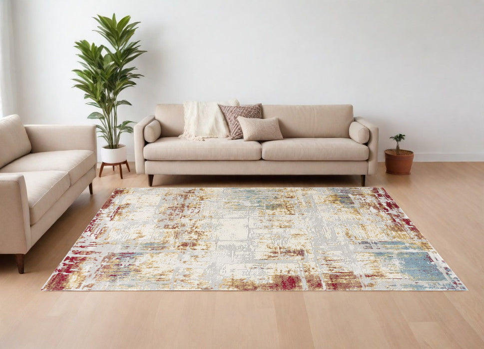 10' x 16' Abstract Washable Non Skid Area Rug - Red Blue And Ivory