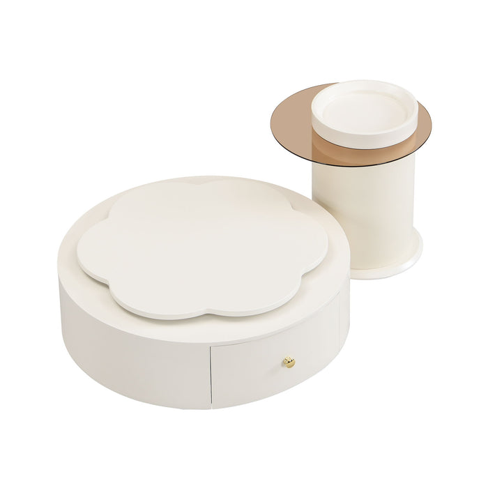Modern Giga round coffee table set with flower-shaped glass tops, 360° rotatable surfaces, and two drawers for living room decor.