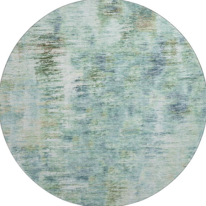 8' Abstract Washable Round Rug With UV Protection - Teal / Ivory