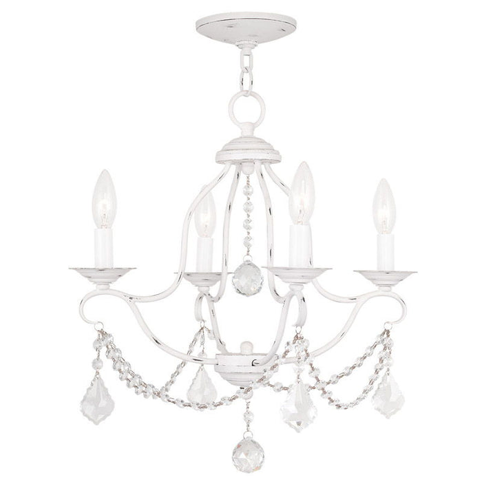 Four-light metal chandelier with antiqued white shades, dimmable lighting, designed by HomeRoots, featuring a classic and elegant style.