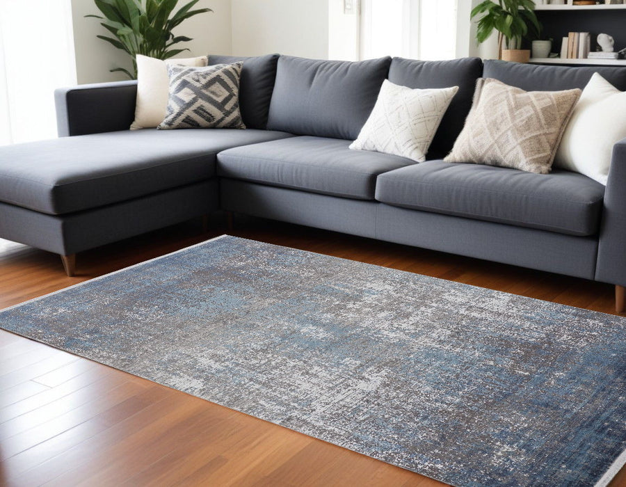 12' x 15' Abstract Power Loom Distressed Area Rug With Fringe - Blue Gray And Silver