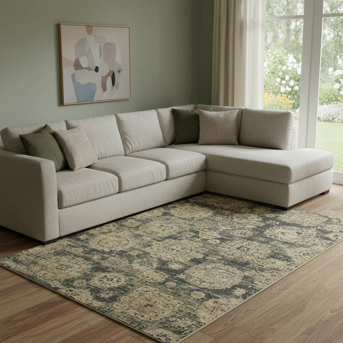 9' X 12' Floral Washable Area Rug With UV Protection (653193) - Charcoal / Brown
