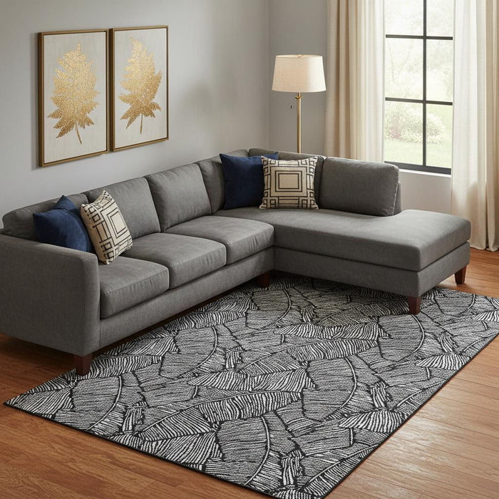 10' X 14' Floral Washable Area Rug With UV Protection (672587) - Black / Ivory