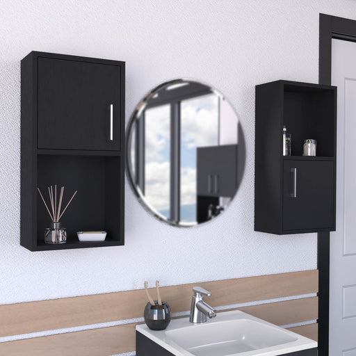 Giga wall-mounted bathroom medicine cabinet with two black doors and two shelves, ideal for bathroom storage.