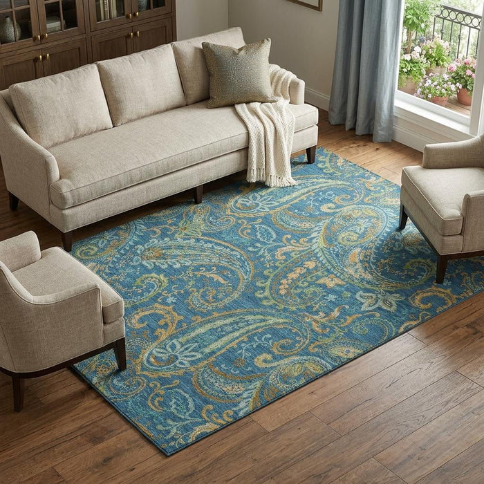 9' X 12' Paisley Distressed Washable Area Rug With UV Protection (647985) - Navy Blue / Green / Gold