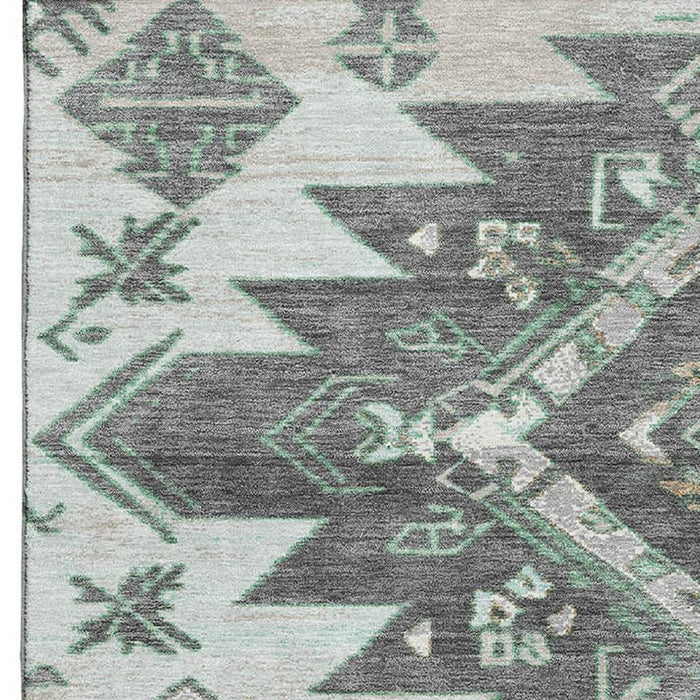 10' X 14' Tribal Washable Area Rug With UV Protection (709006) - Mint Green / Charcoal / Gray