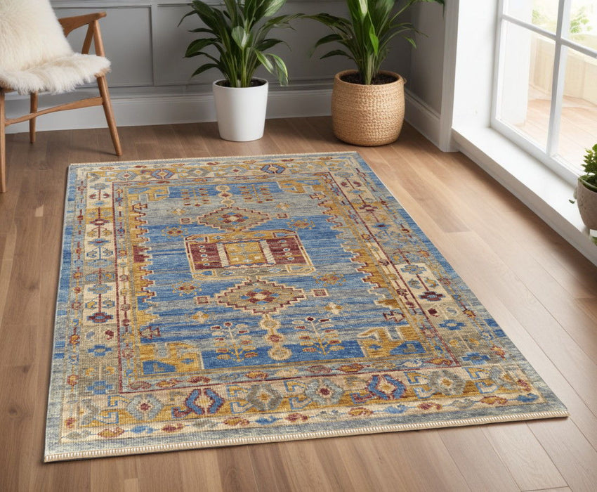 4' x 6' Wool Geometric Hand Knotted Area Rug With Fringe - Blue Red And Yellow