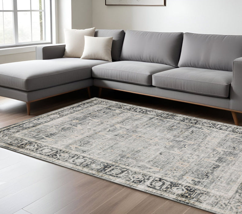 7' x 10' Oriental Printed Stain Resistant Non Skid Area Rug - Charcoal Gray Salmon And Ivory