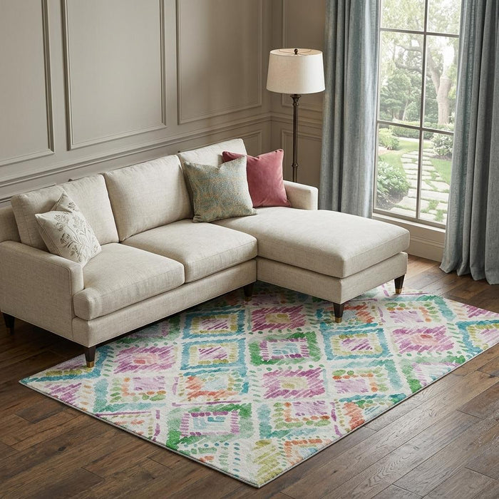 10' X 14' Geometric Washable Area Rug With UV Protection (684046) - Teal / Ivory / Green / Purple