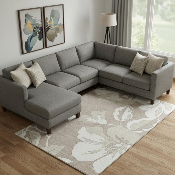10' X 14' Floral Washable Area Rug With UV Protection (668017) - Taupe / Ivory