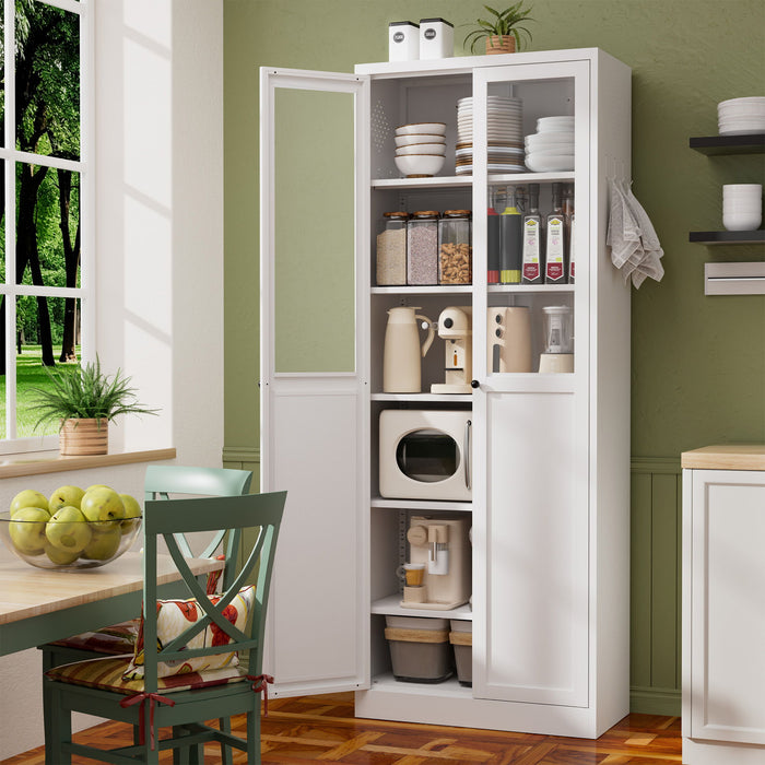 White Giga tall metal kitchen pantry cabinet with adjustable shelves and silent magnetic doors, ideal for organized storage.