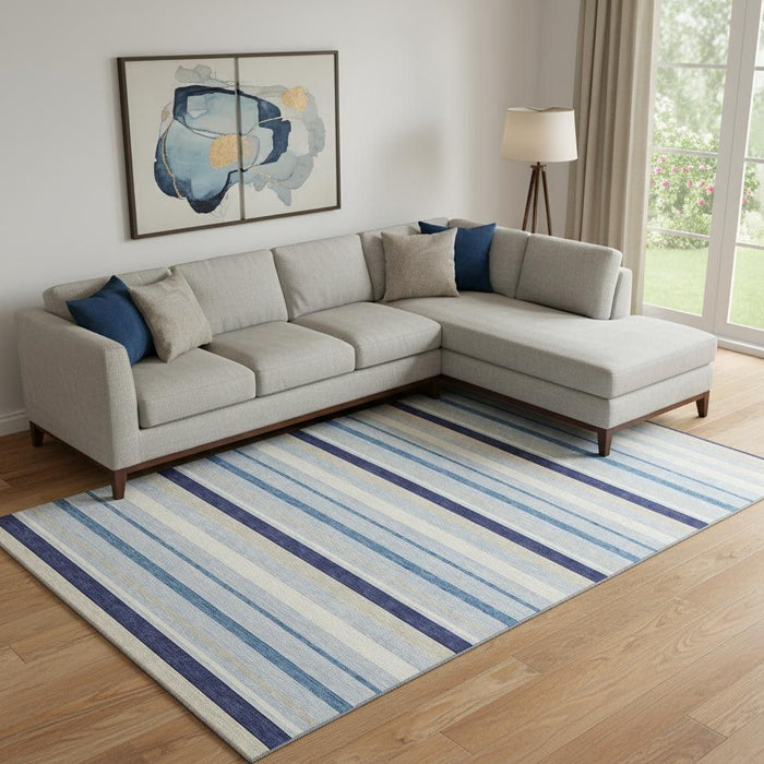 10' X 14' Striped Washable Area Rug With UV Protection (669907) - Blue / Ivory / Beige