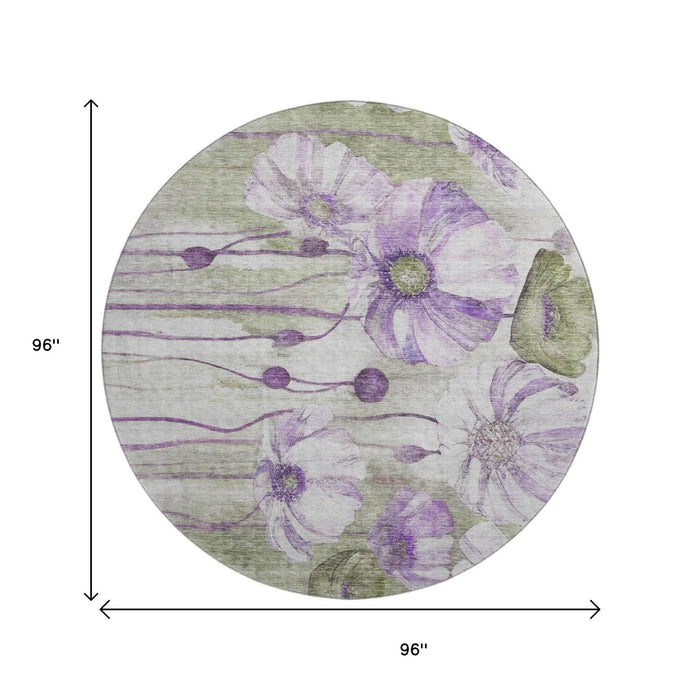 8' Floral Washable Round Rug With UV Protection (657314) - Purple / Green / Ivory