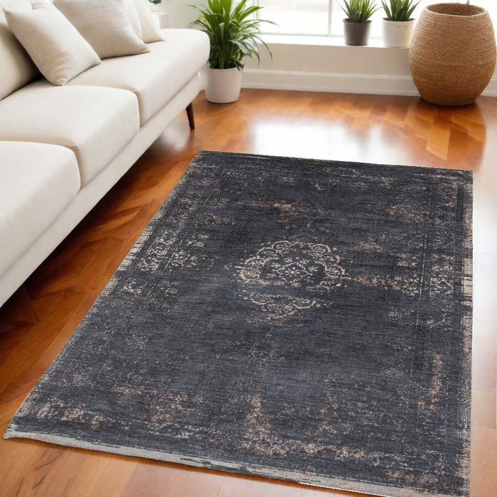 5' x 7' Medallion Non Skid Area Rug - Gray And Black