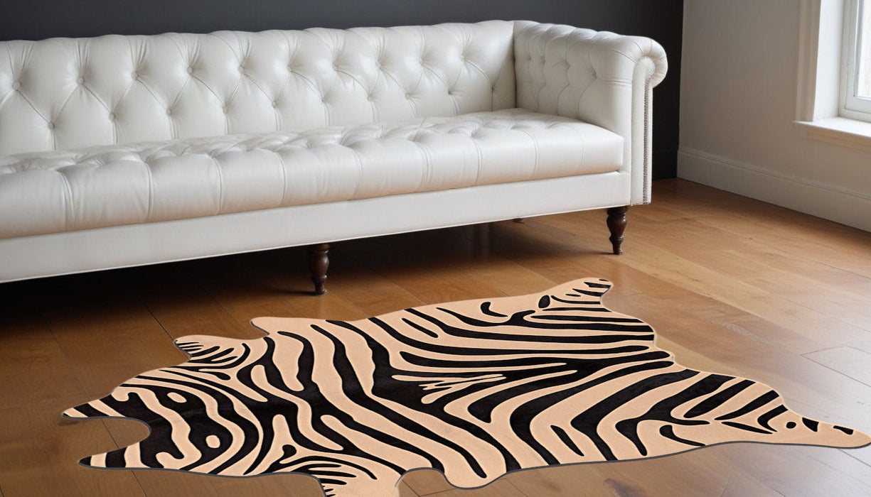 5' x 7' Zebra Print Genuine Cowhide Handmade Area Rug - Black And Tan