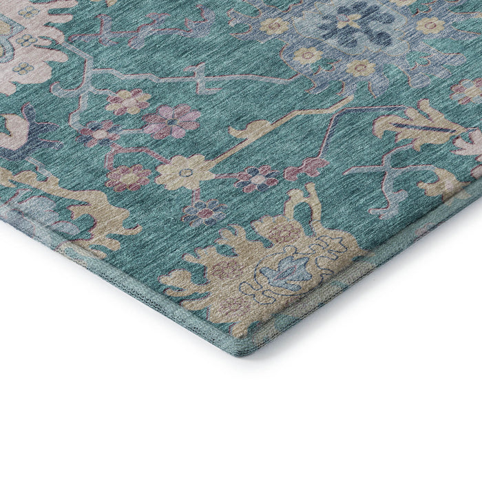 10' X 14' Floral Washable Area Rug With UV Protection (686987) - Teal / Beige / Pink