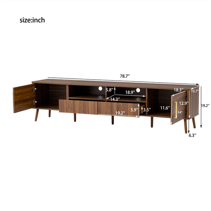 Giga walnut TV stand for TVs up to 85 inches with soft-close doors, open shelf, and cable management system.
