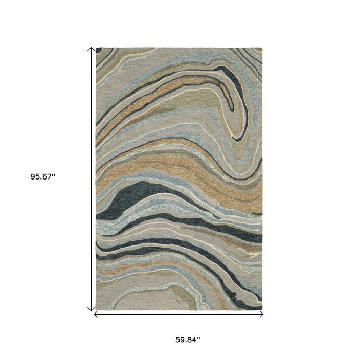 5' X 8' Wool Abstract Hand Tufted Area Rug - Gray And Blue