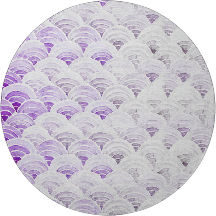 8' Geometric Washable Round Rug With UV Protection (645795) - Purple / Ivory / Gray