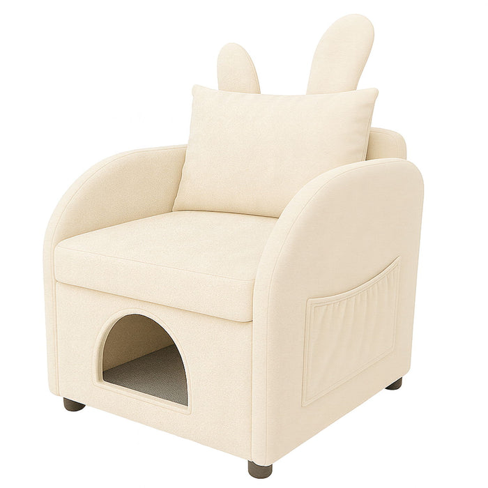 Beige Bunny Ear Giga pet-friendly armchair with hidden pet house and storage pocket, suitable for bedroom or living room.