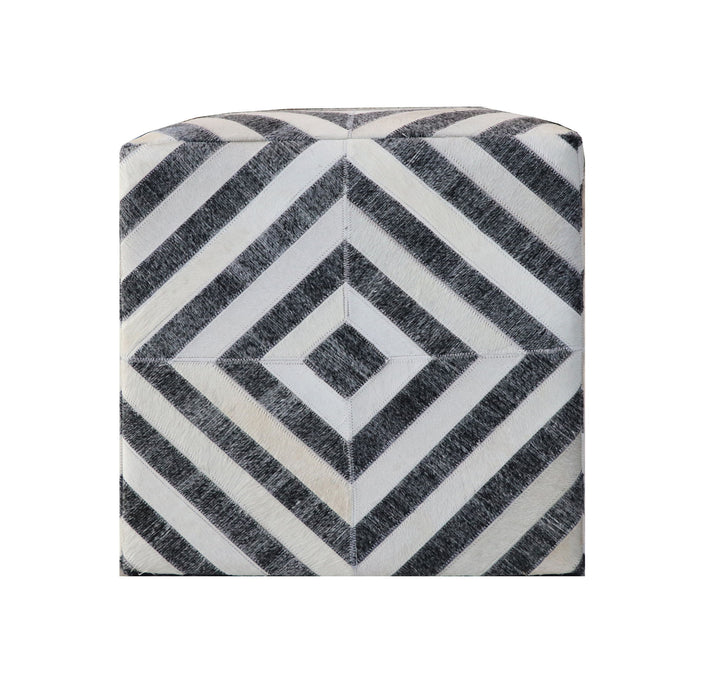 Hair on Hide Cube Geometric Pouf Ottoman - Dark Gray And Ivory