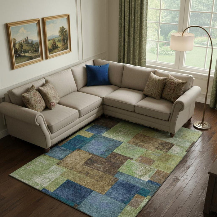 10' X 14' Geometric Washable Area Rug With UV Protection (709798) - Blue / Green / Beige