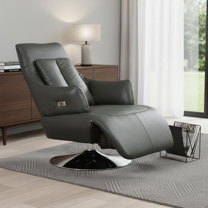 Tufted Genuine Leather Power Swivel Recliner - Gray