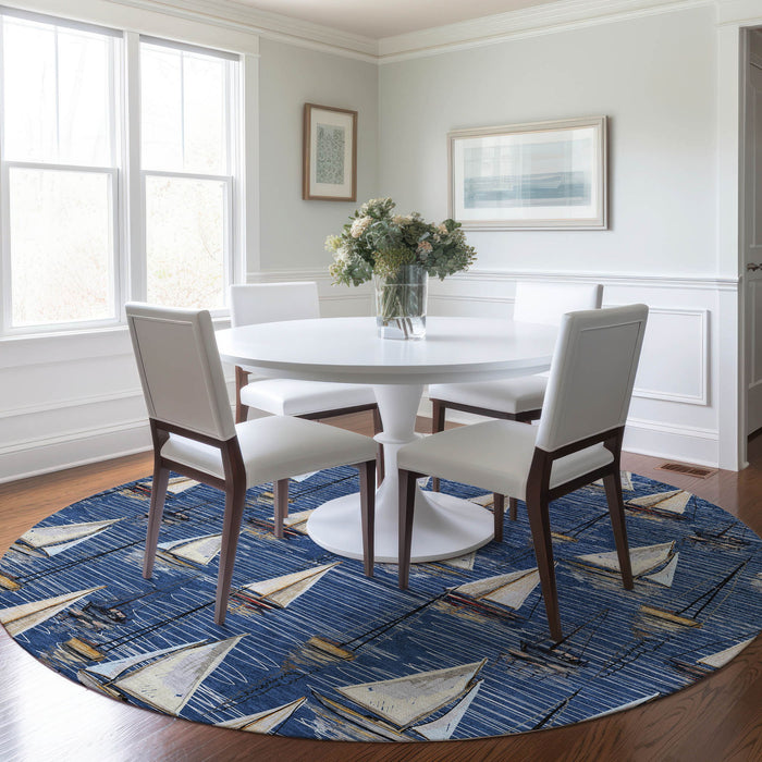 8' Nautical Washable Round Rug With UV Protection - Navy Blue