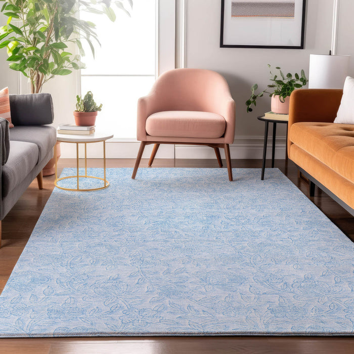 10' X 14' Floral Washable Area Rug With UV Protection - Sky Blue / Ivory